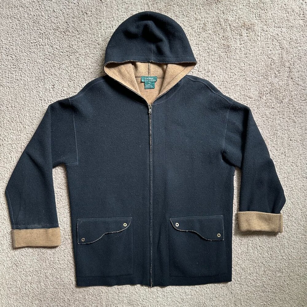 Lauren Ralph Lauren Jacket Womens Large Wool Full Zip Hood Black Pockets